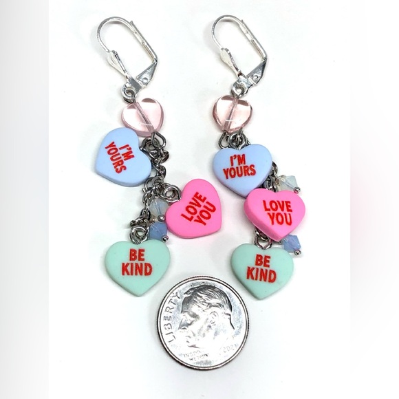 Valentine’s Day Conversation “Candy” Heart Love Charm Cluster Leverback Earrings - Picture 4 of 4